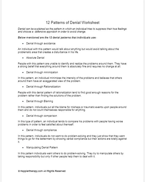 This <b>PDF</b> document provides an overview of the nature, causes, and consequences of addiction, as well as the recovery process and the role of support. . Denial worksheets pdf